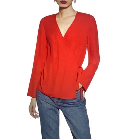 TOPSHOP Women’s Long Sleeve Surplice Wrap Blouse Coral/Red Size 8 - Picture 1 of 10